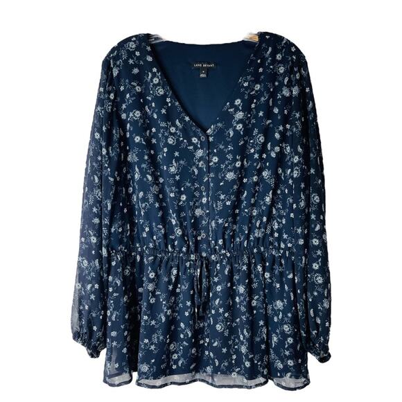 Lane Bryant blue white grey floral cottagecore flowy button boho top 16 - Picture 1 of 7